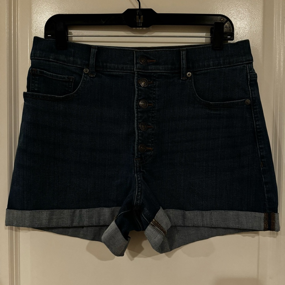 Express Stretch Midi High Rise Button Fly Shorts